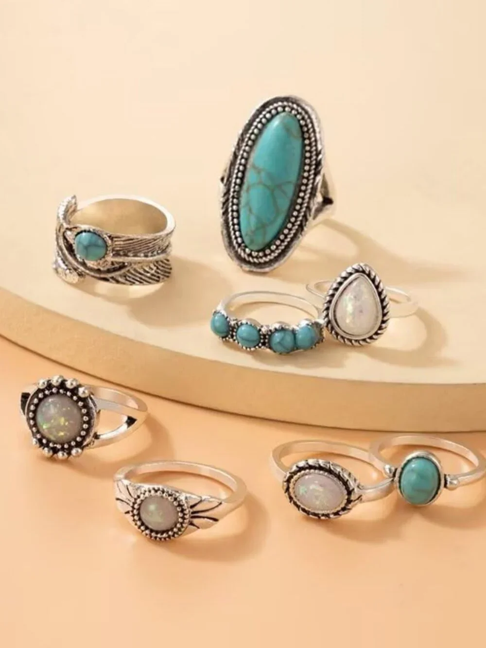 Western Turquoise Ring Set for Women Vintage Knuckle Rings Turquoise Stackable R - Picture 6 of 7